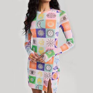 AFRM Mesh Colorblock Mini Dress Cosmic Print Size XS
